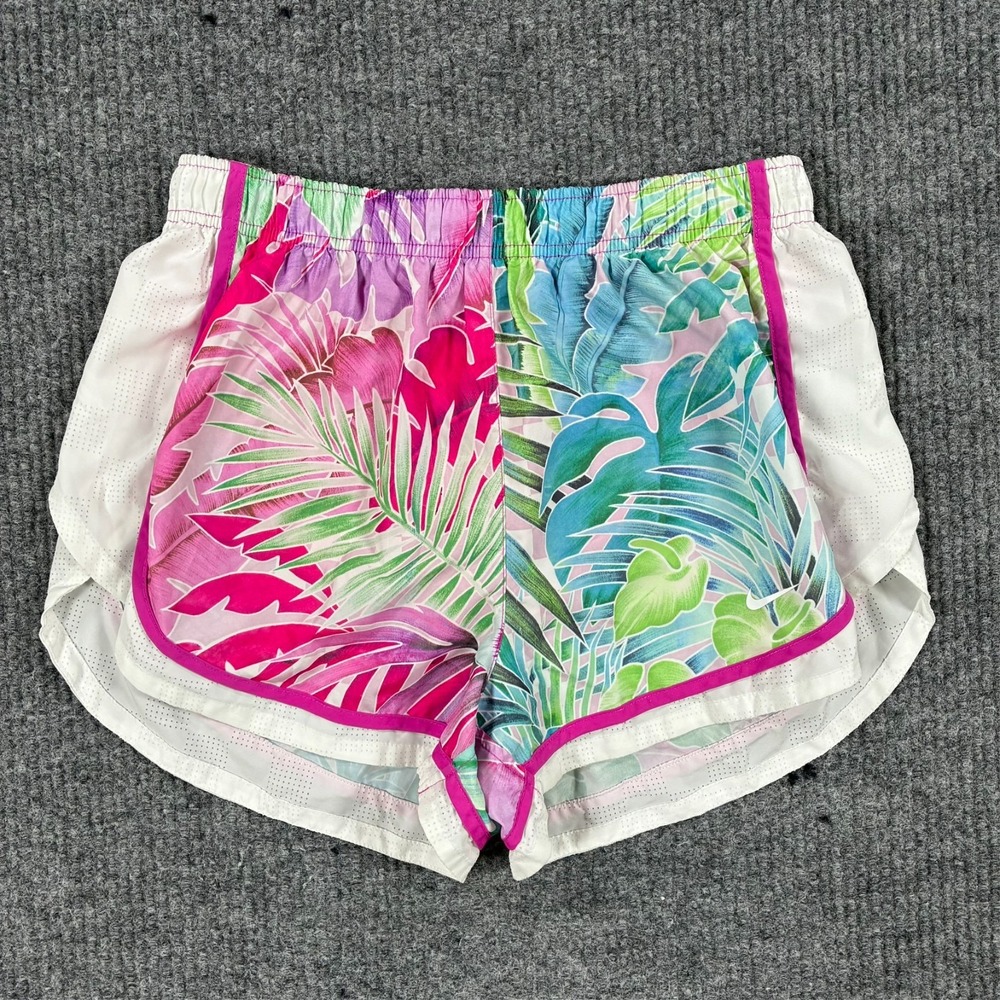 Nike Dri-FIT Womens Running Shorts Size Large Tropical Floral Pink Green